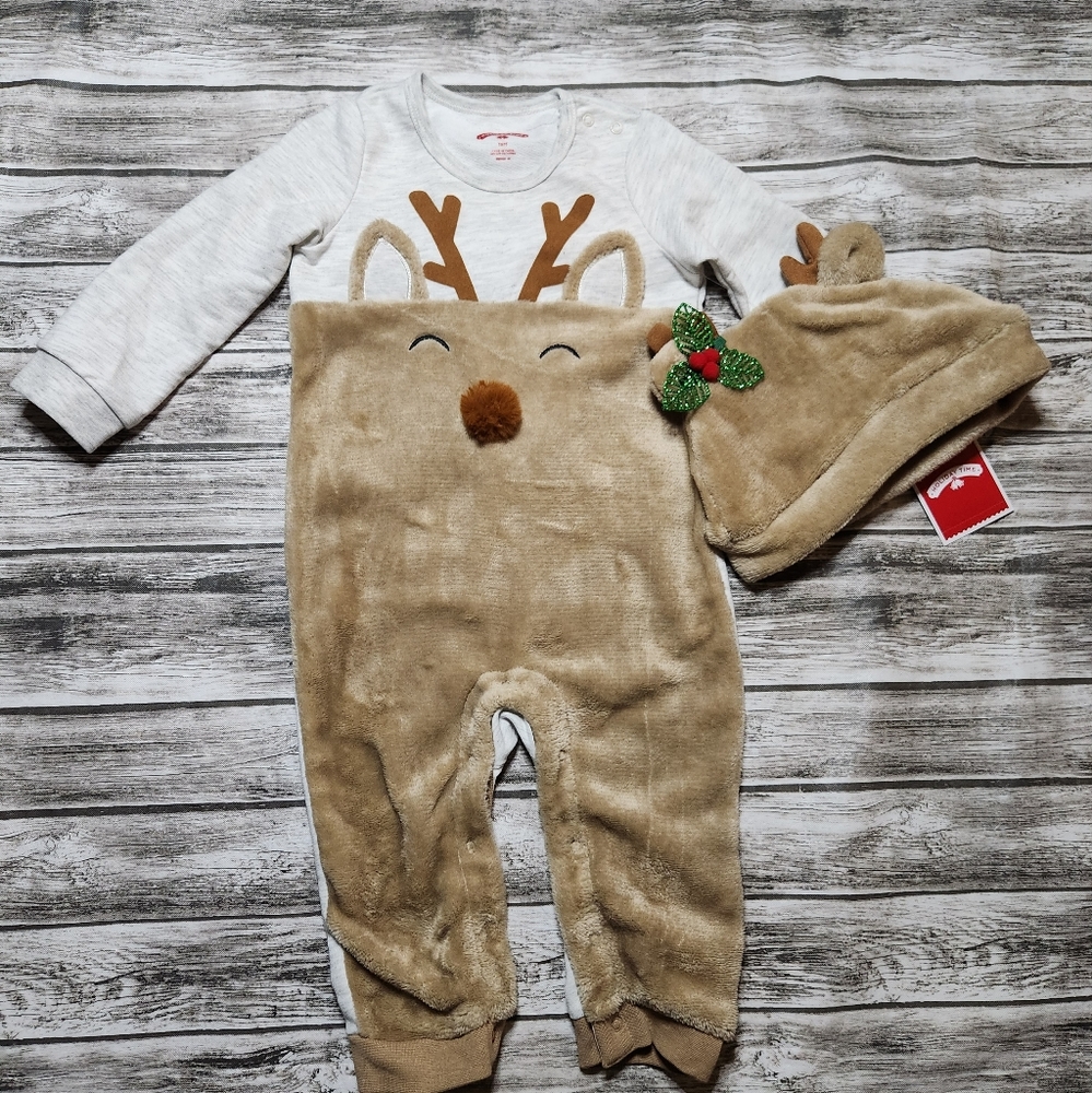 Holiday time soft reindeer romper and hat